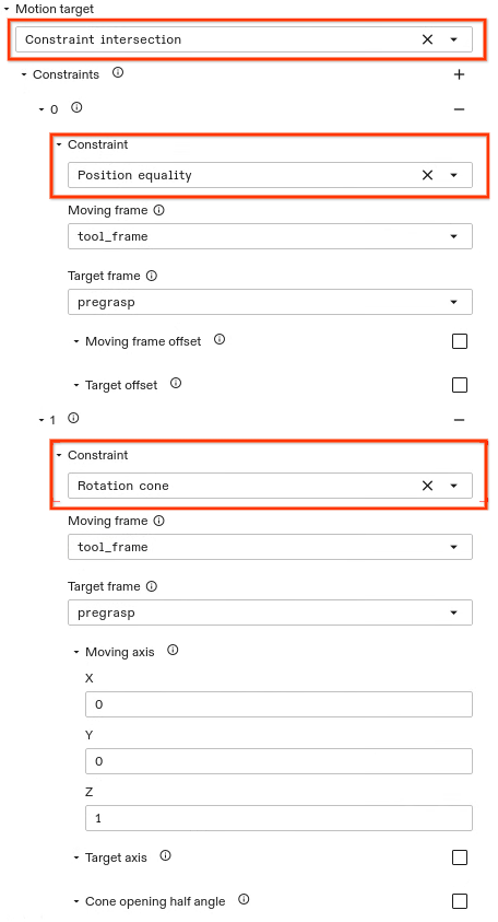 Example for constraint intersection with position and rotation cone constraint.