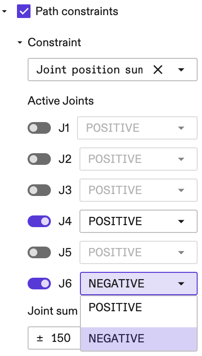 Example of changing signs in the joint position sum limit.