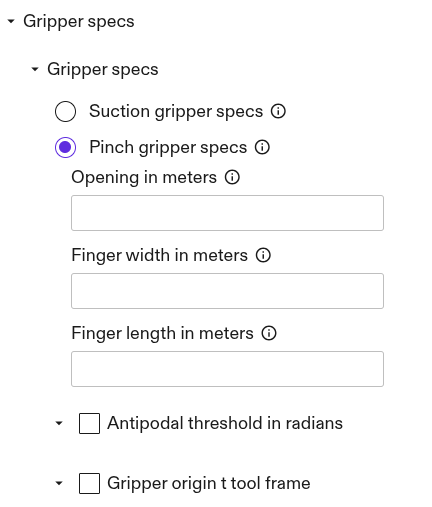 Pinch gripper specifications