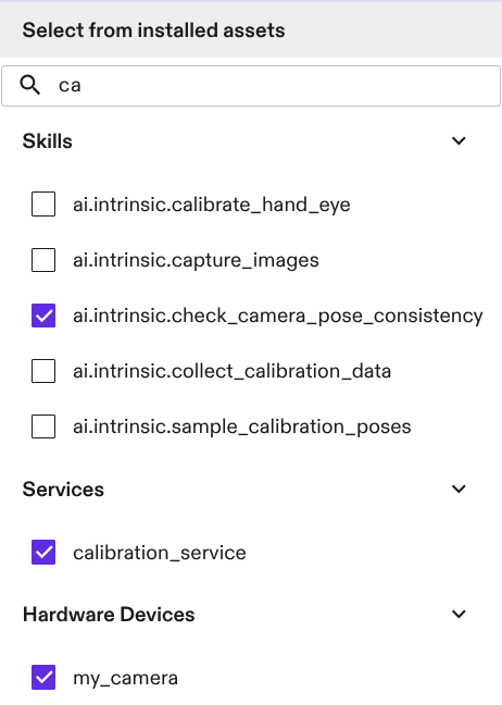 Asset selection menu