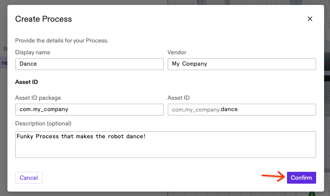 Process metadata dialog with example data