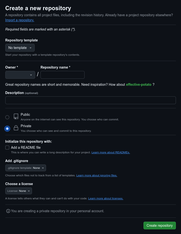 Create a new repository page