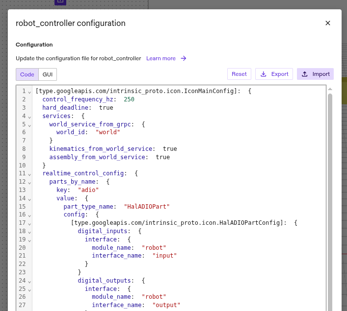 Code representation of the real-time control service configuration