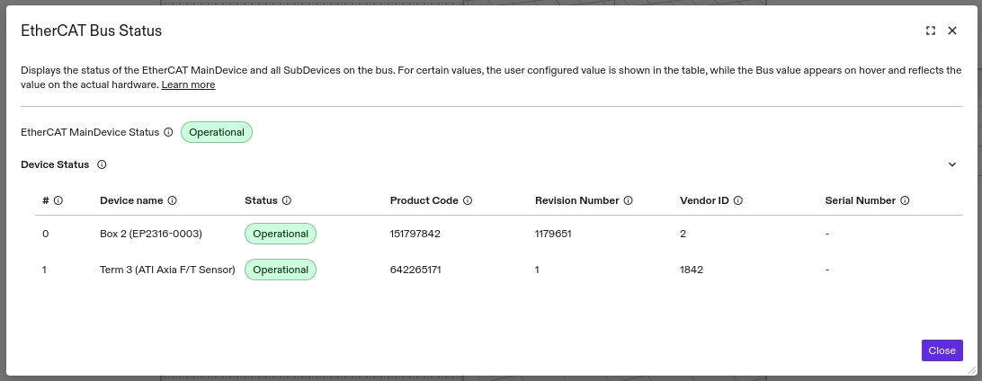 EtherCAT bus status UI