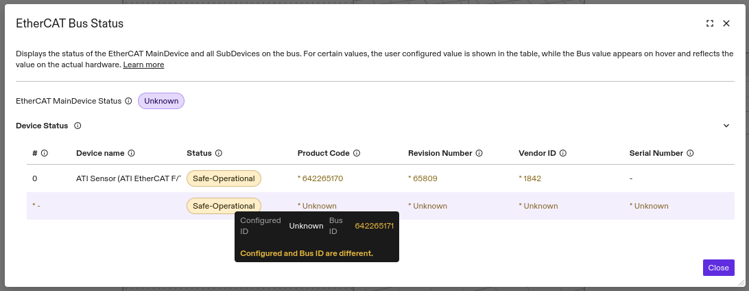 EtherCAT bus status UI with mismatched bus config