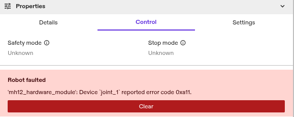 Robot control panel showing error