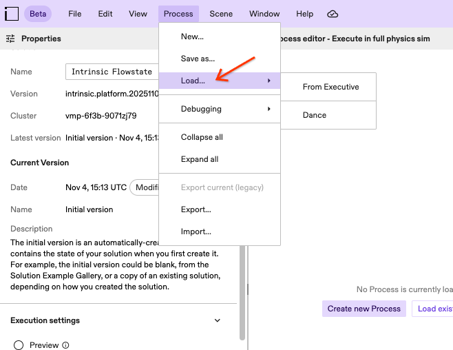 Process menu to load a Process