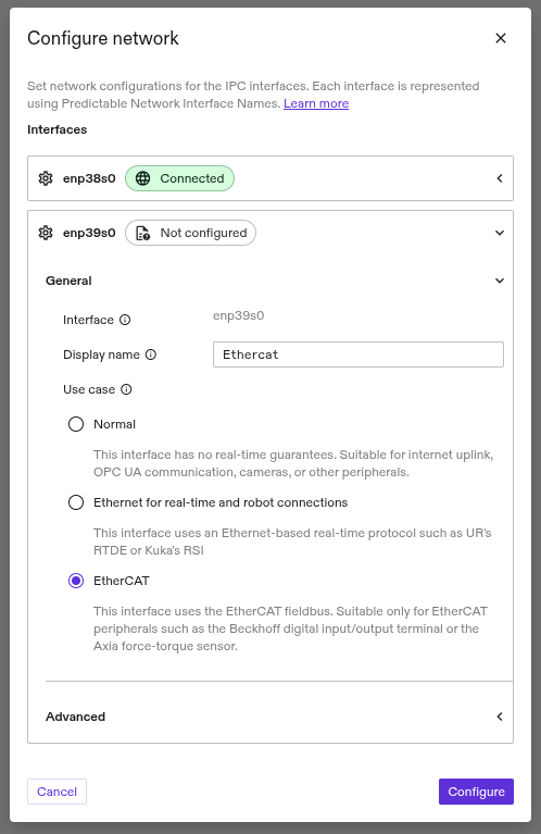 Example Network Configuration dialog for new hardware with EtherCAT selected