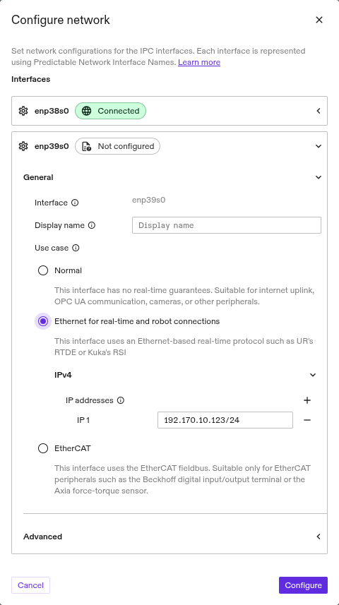 Example Network Configuration dialog for new hardware with standard configuration