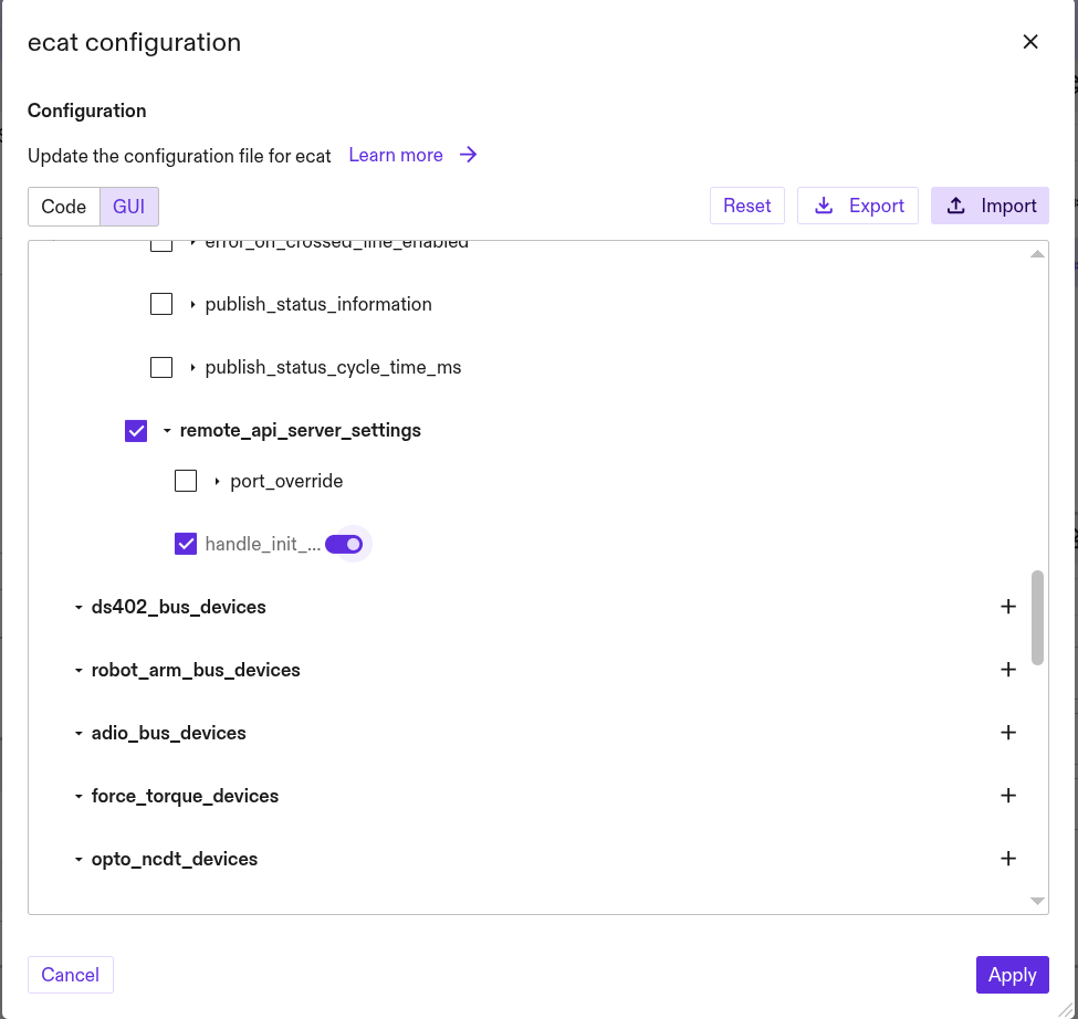 Screenshot of a module configuration with RAS