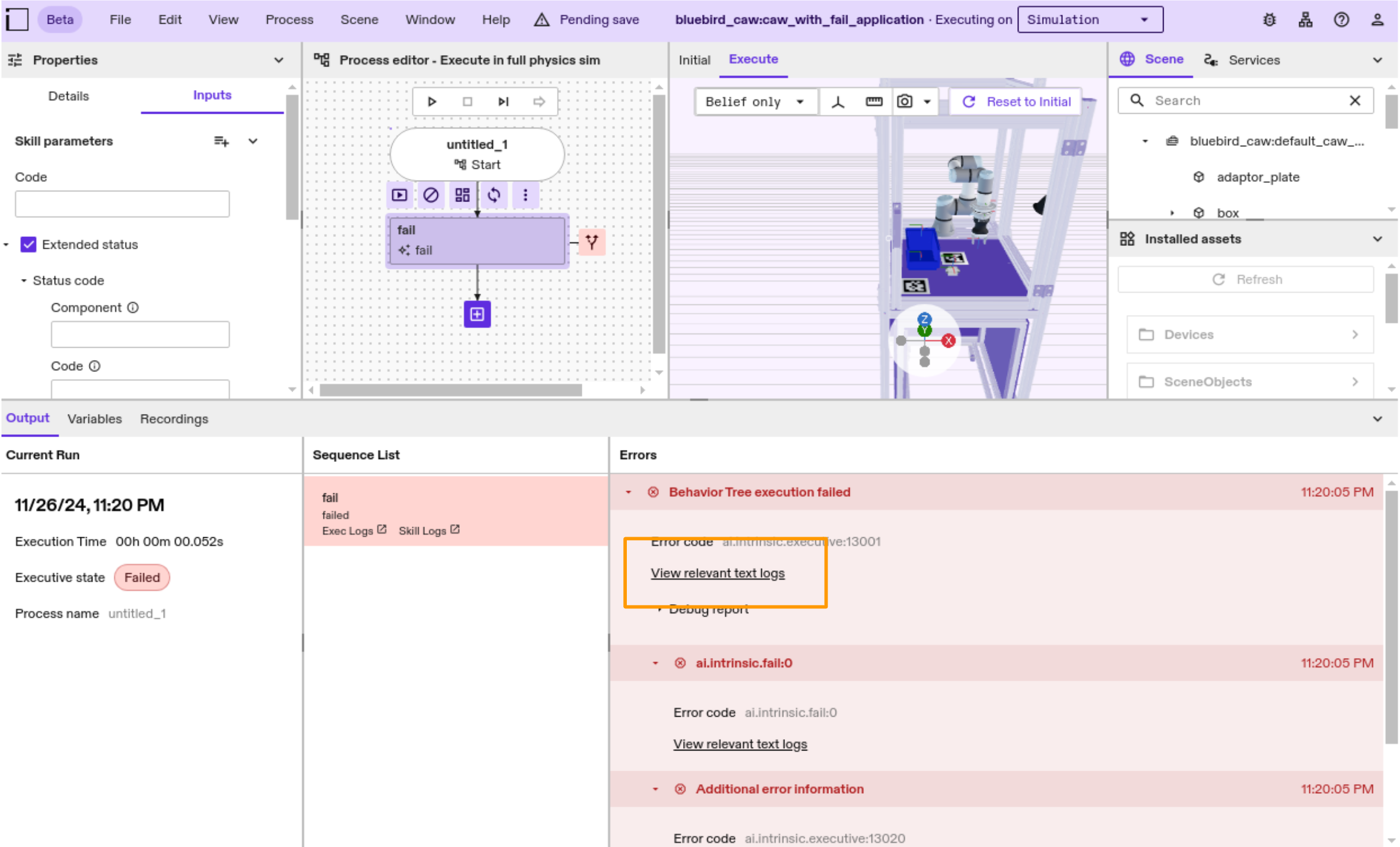View text logs link in extended status message