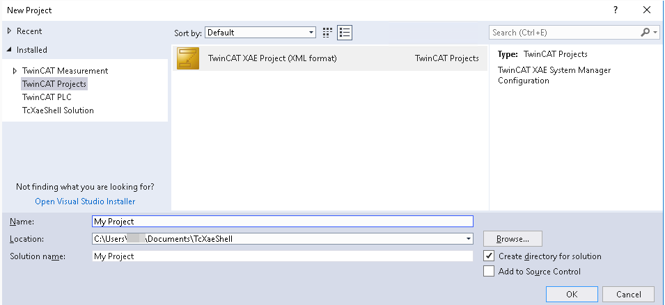 TwinCAT New Project Dialog