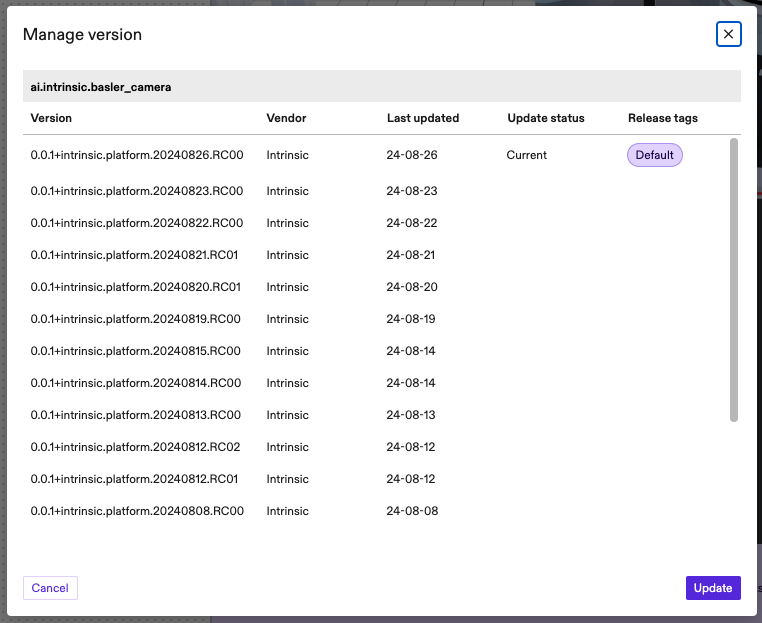 Pop-up dialog listing versions in a table format